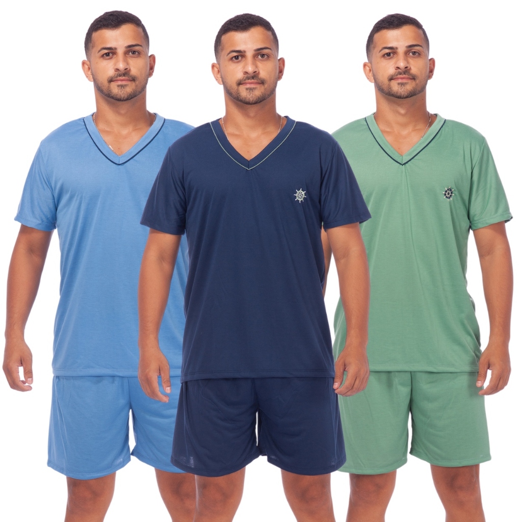 Kit 3 Pijamas Masculino Adulto Liso Short Curto Manga Curta Confortável Promoção