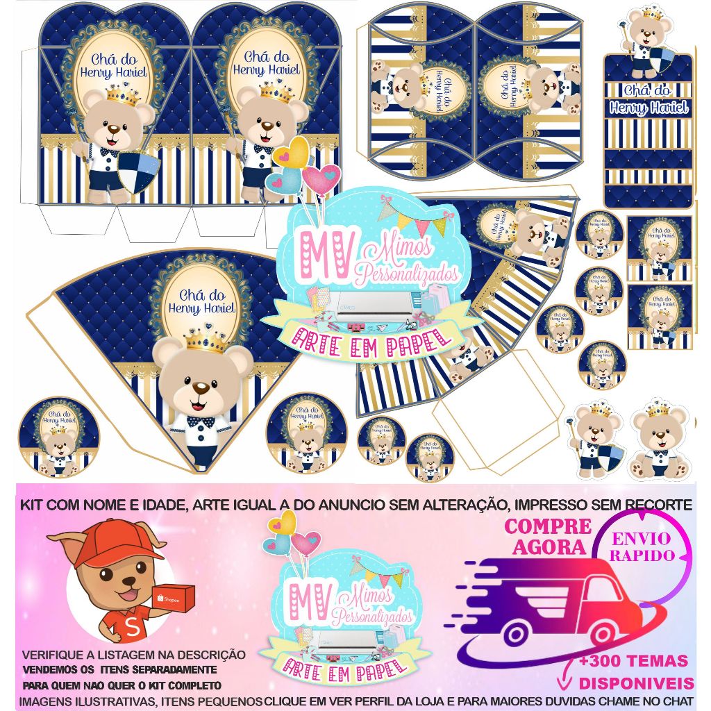 Kit festa 170 itens CHÁ DE BEBE URSO PRINCIPE nome Lembrancinhas Personalizadas personalizados festa