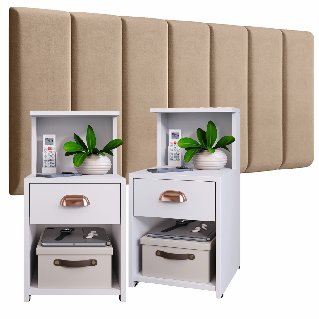 Conjunto Quarto Cabeceiras em Módulos Placas 45x20 + 2 UN de Mesa de Cabeceira CLÉO com Gaveta Nicho e Puxador Concha em Oferta na Shopee