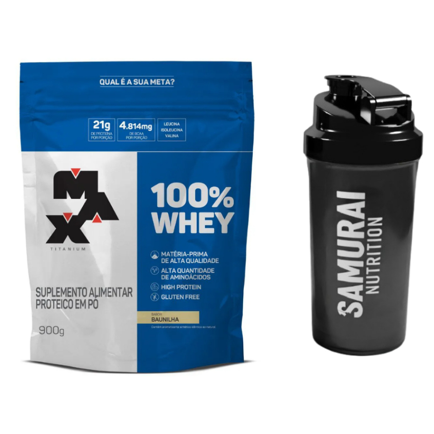 Kit 1x 100% Whey Max Titanium Refil 900g + 1x Coqueteleira Preta 600ml - Health