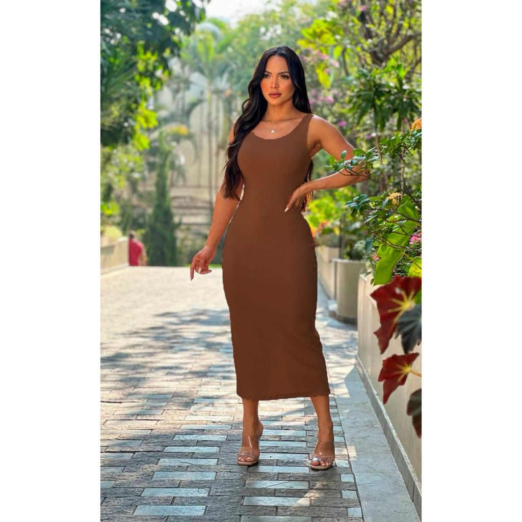 Vestido Feminino Colado Midi Alça Tubinho Canelado Decote Modinha Blogueira Tendência