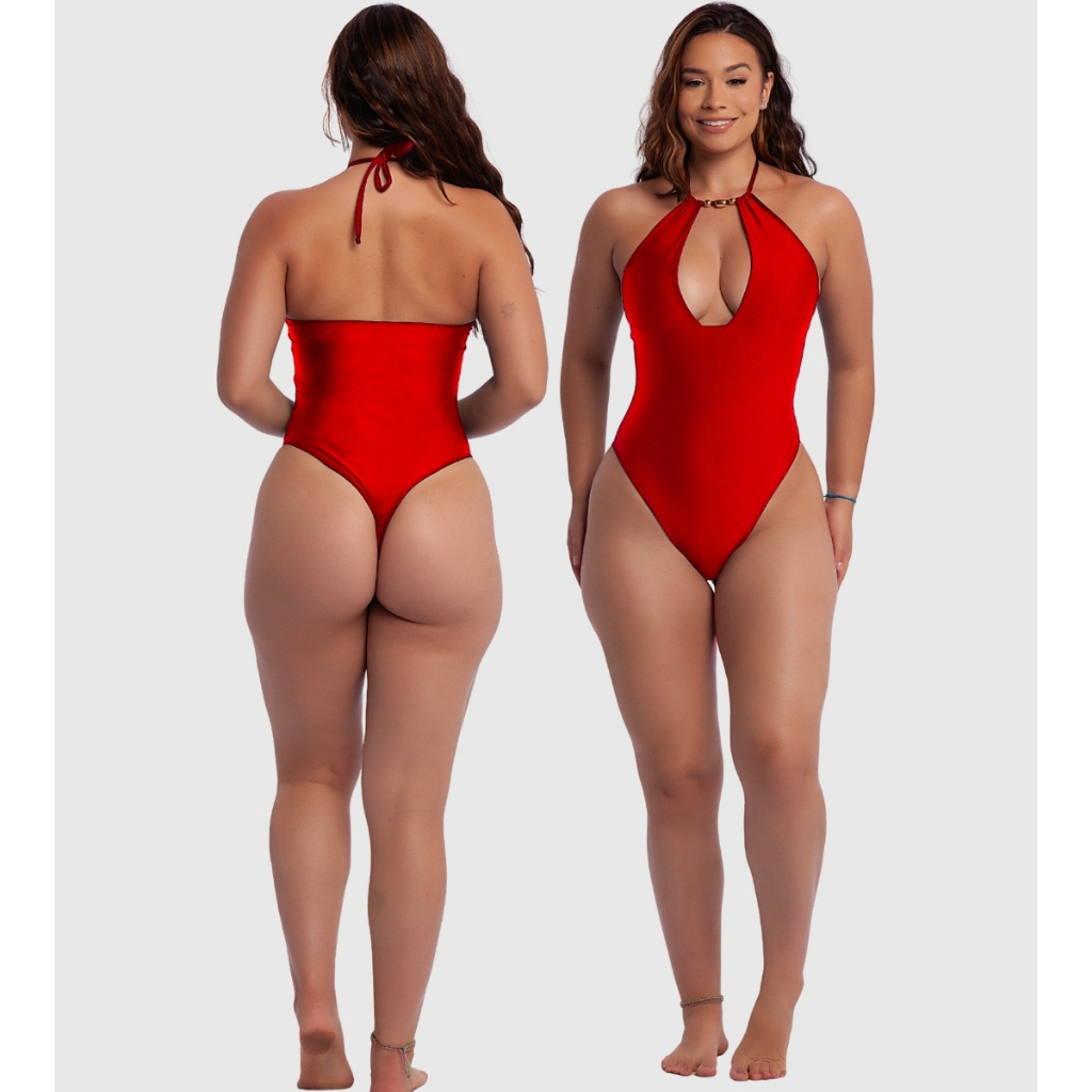 Body Cavado Textura Brilho Semi Fio Dental Modela Bumbum Decote Profundo Detalhe em Perolas Douradas