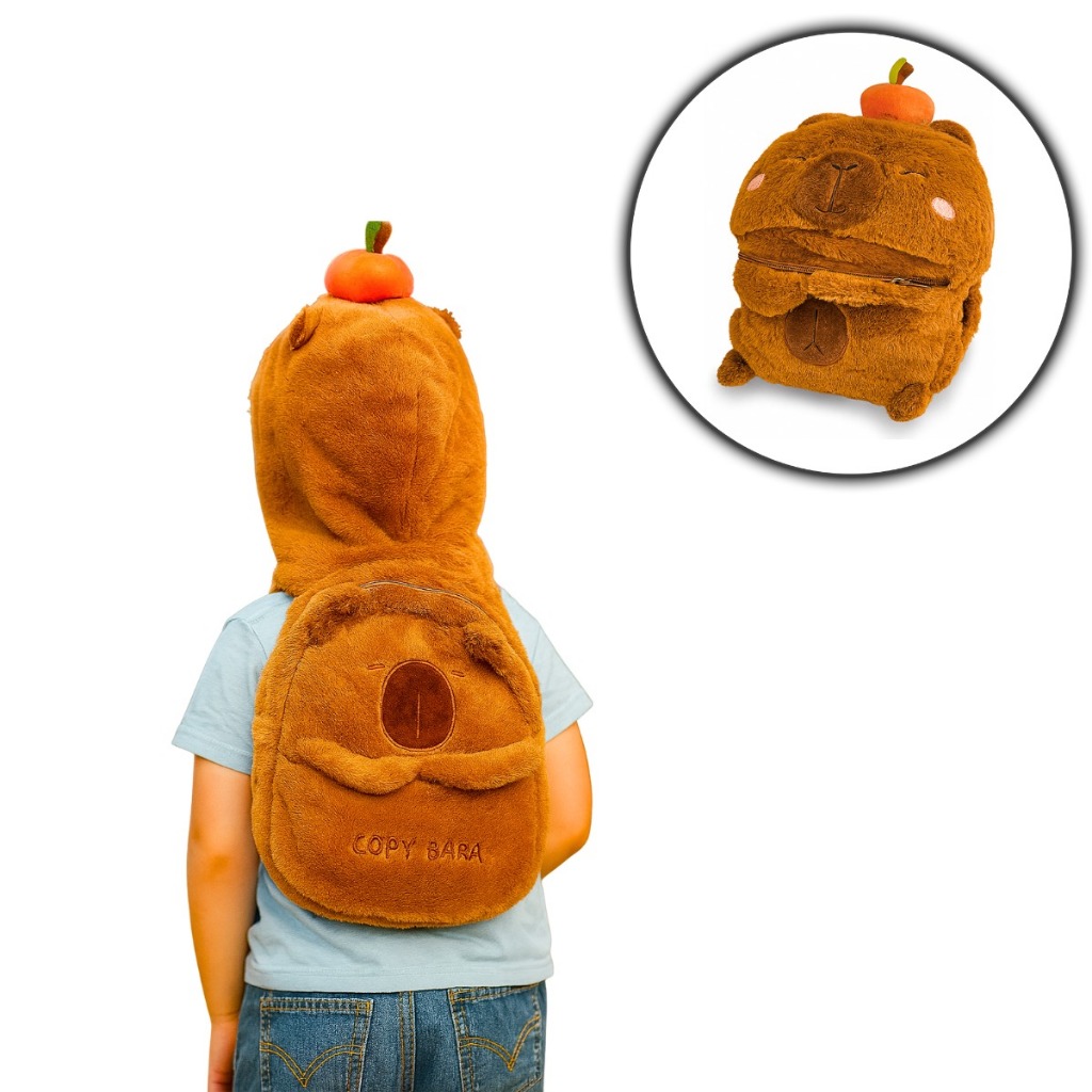 Mochila Infantil Capivara de Pelúcia com Touca – Bolsa Fofa, Macia e Divertida para Crianças