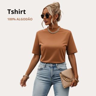 Camiseta Feminina Oversized Gola Alta 100% Algodão Moda Blogueira Várias Cores Mocha Mousse Chocolate e Marrom em Oferta na Shopee