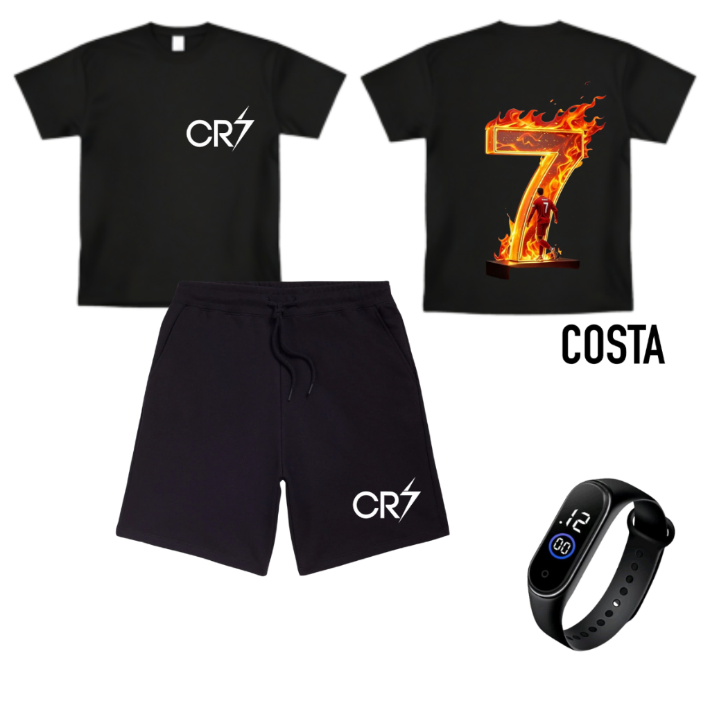 Conjunto Infantil Juvenil Menino Estiloso CR7  Kit Verão Camisa E Bermuda + Relogio