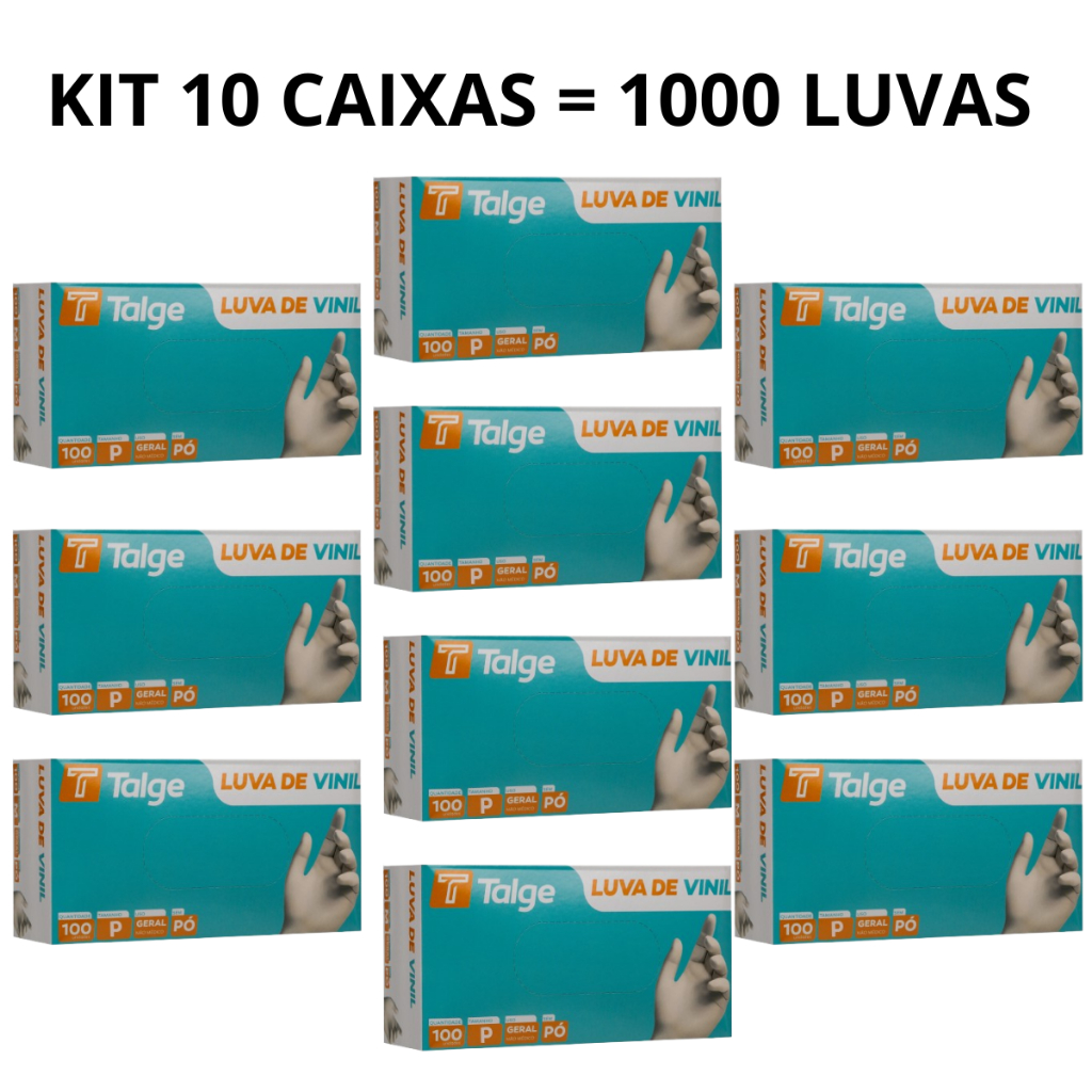 Kit 10 X 100 Luva Vinil Sem Pó E Com Pó 1000 Unidades P M G