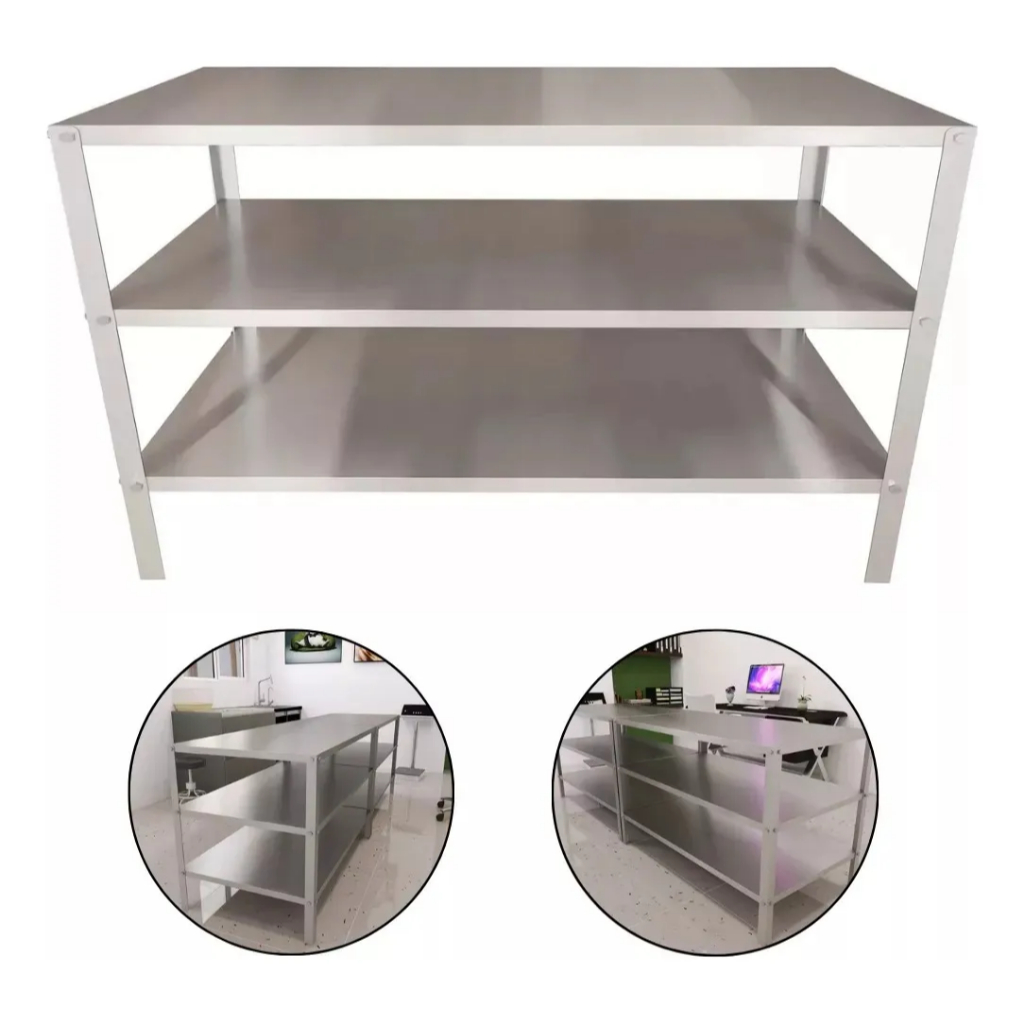 Mesa Inox 3 Planos Industrial para Restaurante Cozinha Profissional Área Gourmet Higienização 93x50x84cm Aço Inoxidável