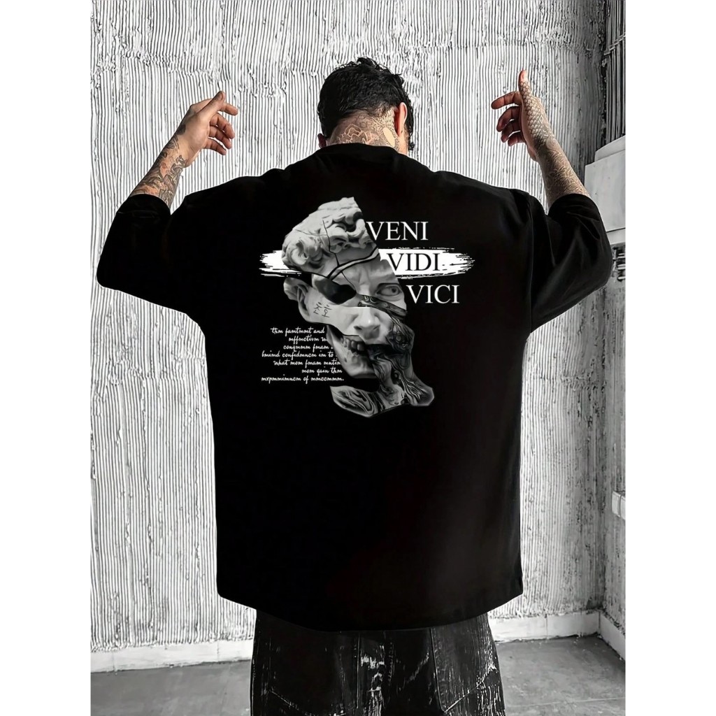 Camiseta Masculina Algodão Adulto Plus Size Infantil Veni Vidi Vici Estatua Cartoon Basico swag Streetwear  Moda Pre