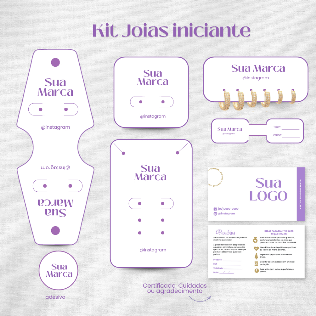 Kit Tag joias Iniciante Personalizado Cartela Bijuteria brinco Colar Anel Pulseira Trio Adesivo agradecimento Garantia