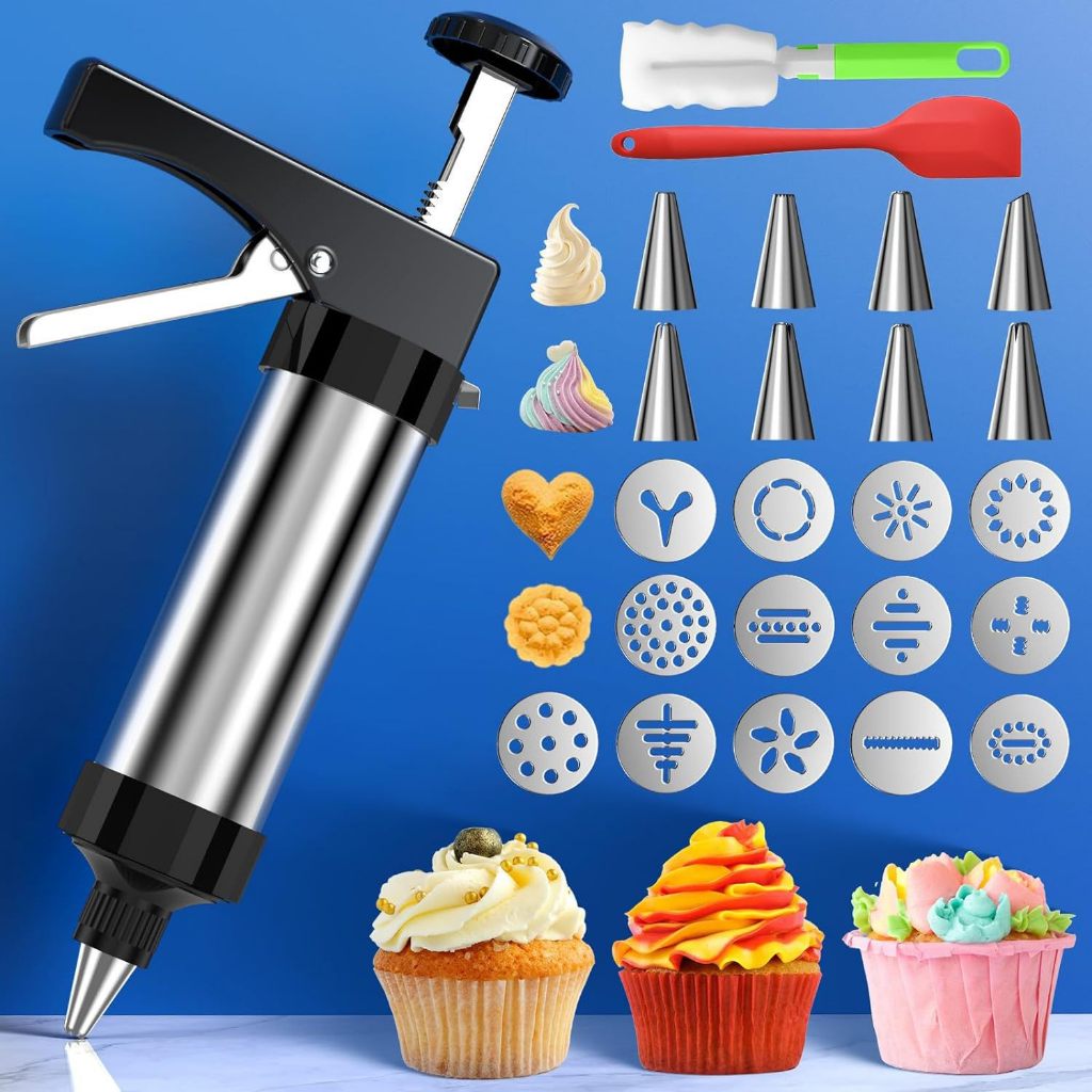 KIT PISTOLA SERINGA CONFEITEIRO COM 8 BICOS PARA CONFEITAR E 13 MOLDES PARA BISCOITOS E CHURROS