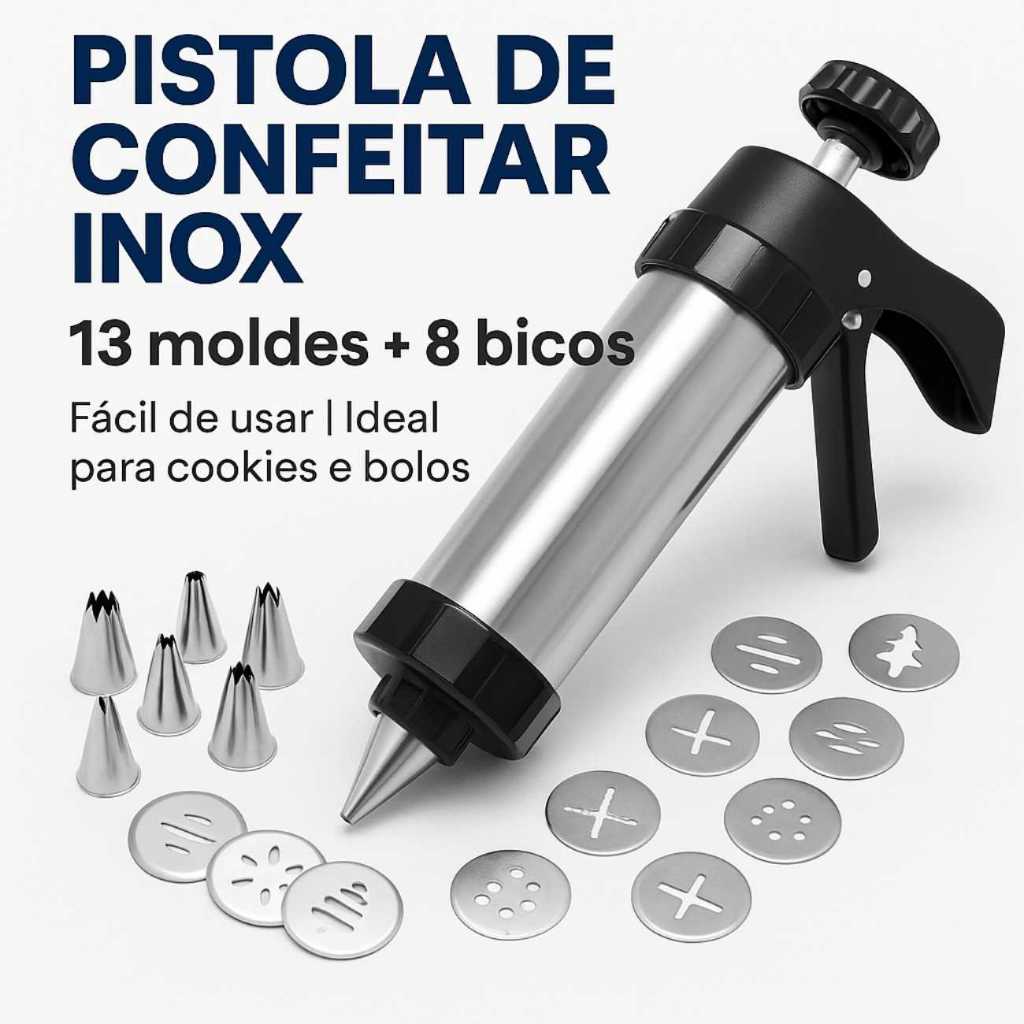 Pistola Seringa 3 em 1 - 13 Moldes e 8 Bicos para Confeitaria, Decorar Bolos e Cupcakes e Modelar Biscoitos em Geral