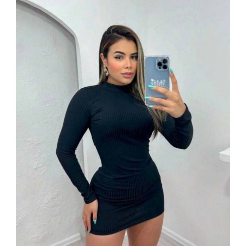 Vestido canelado Midi Gola Alta Manga longa Promoção com Canelado para o frio