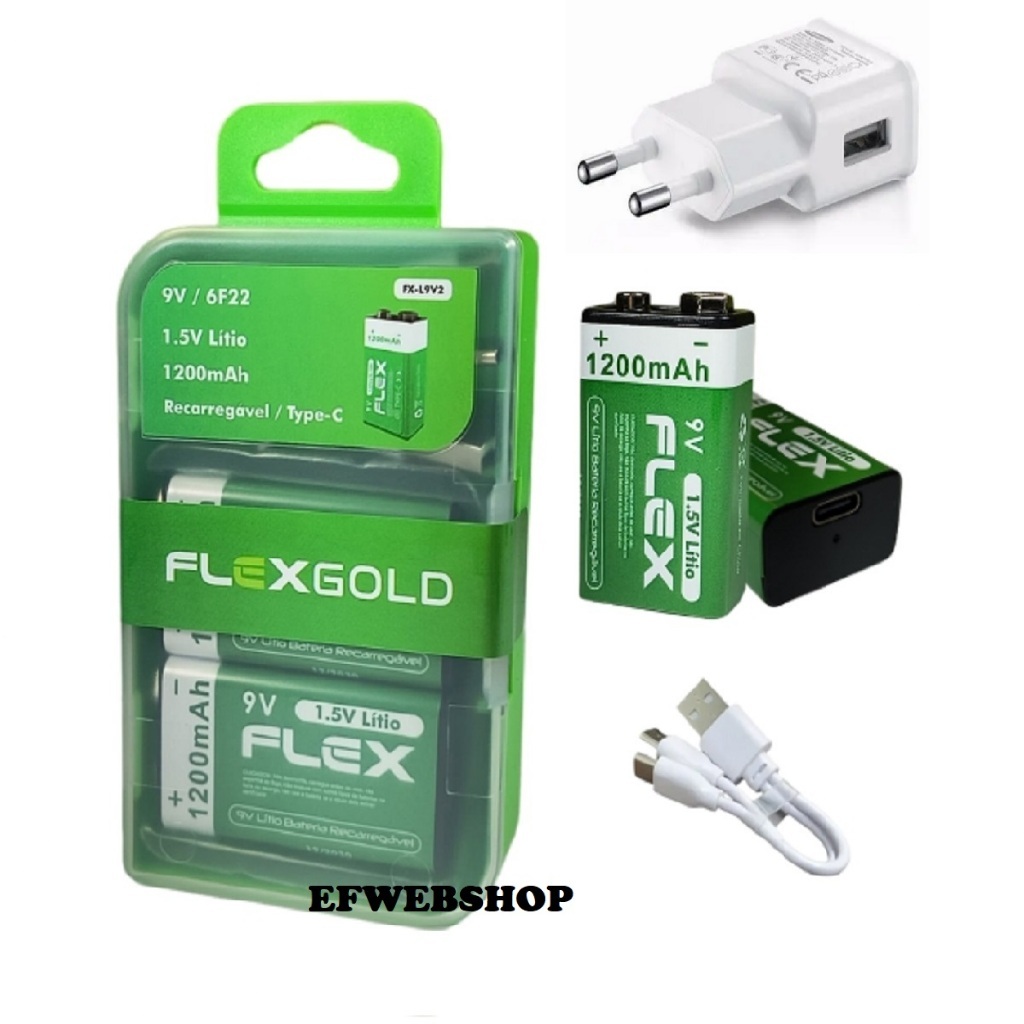 Carregador Baterias 9v USB 1200mAh Litio Flex Recarregáveis Cabo USB-C com Case FX-L9V1 ou FX-L9V2 em Oferta na Shopee