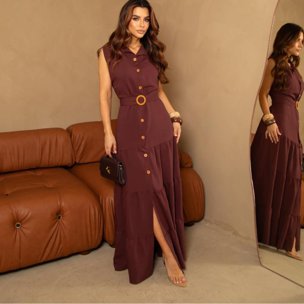 Vestido Longo Chemise Feminino com Botões e Cinto - Vestido Feminino – Vestido - Veste até 44