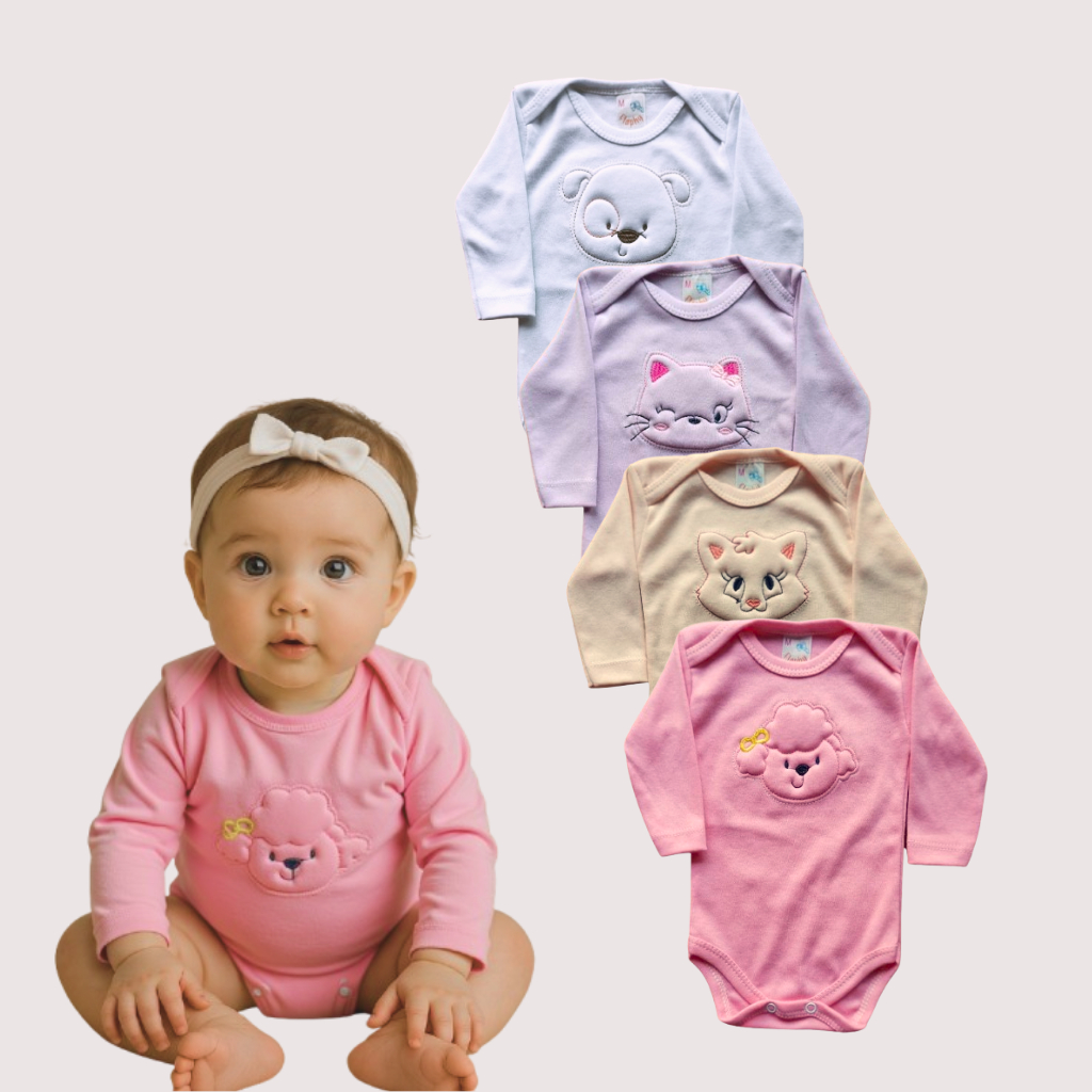Kit Body Bebe 4 Unidades Manga Longa Menino Menina Tecido Suedine 100% Algodão Enxoval de ...