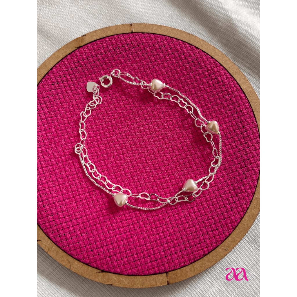 Pulseira Dupla Elos Coração e Pérola Banhada a Prata