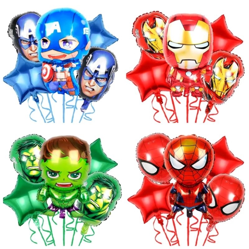 Kit Balão Super heróis Vingadores Hulk Capitão América Homem de ferro e Homem aranha com 5 pecas