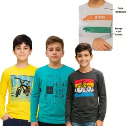 Kit 3 Camiseta Manga Longa Infantil Menino Algodão Inverno 10 ao 16 anos