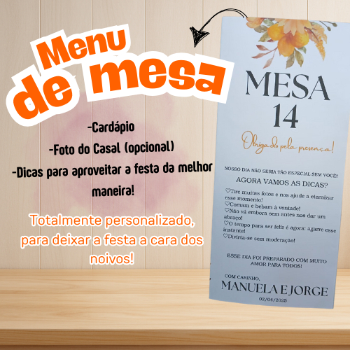 CENTRO DE MESA PERSONALIZADO - Menu Triangular para Festa ou Casamento