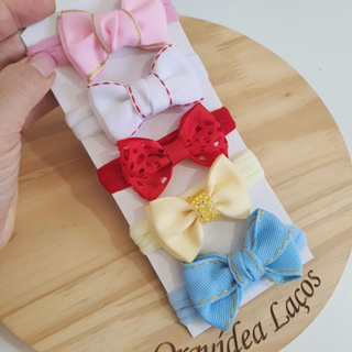 kit de lacinhos faixinha de bebe 5 peças na meia seda enxoval bico pato. em Oferta na Shopee