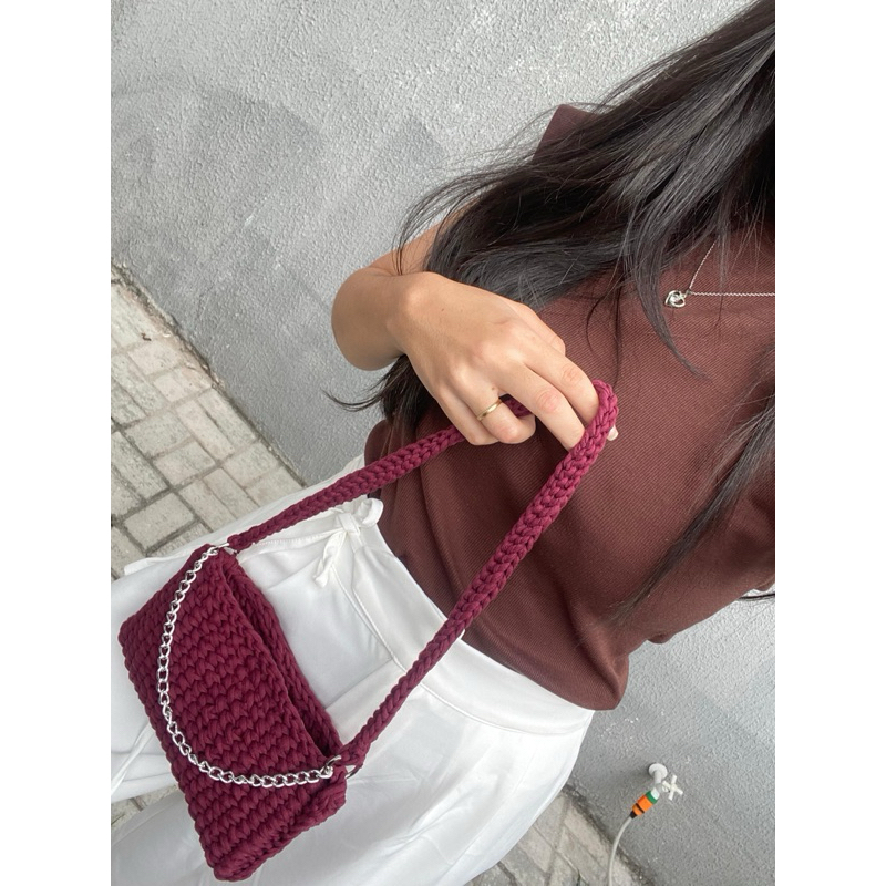 Bolsa de crochê fio de malha pequena com corrente balsa feminina boho
