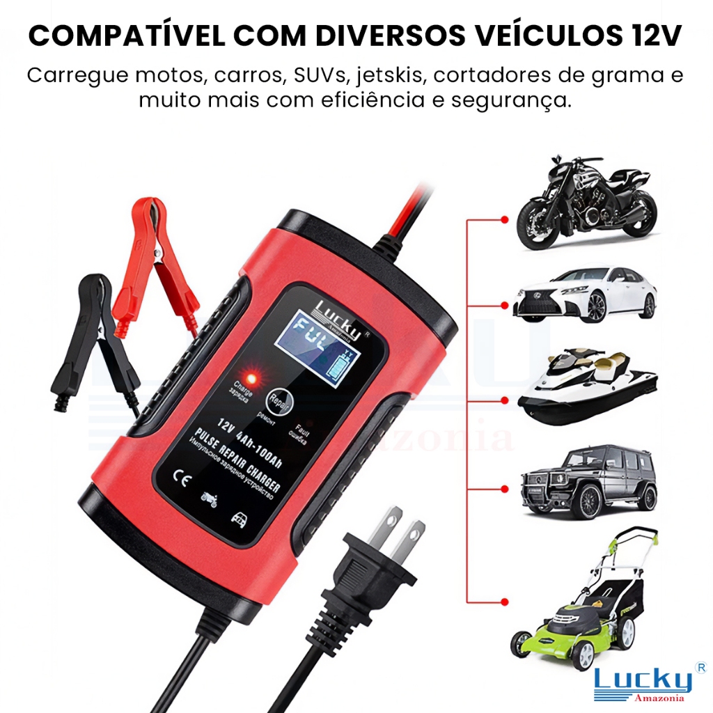 Carregador De Bateria Automotivo Display Digital 12V 5A Função Reparo Para Veículo Jetski Carro Moto