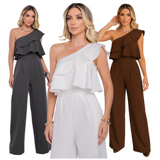 Macacão Feminino Tendência Alfaiataria Babado Nula Manga Longo Elegante