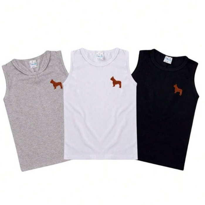 Kit 3 camisas regatas infantil menino com aplique ou estampadas cores sortidas tamanhos 1 2 3 4 6 8