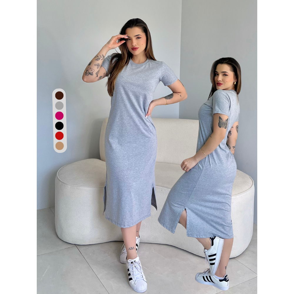 Vestidos Feminino Midi Fenda Lateral Manga Curta Soltinho Casual Confortável Algodão em Oferta na Shopee