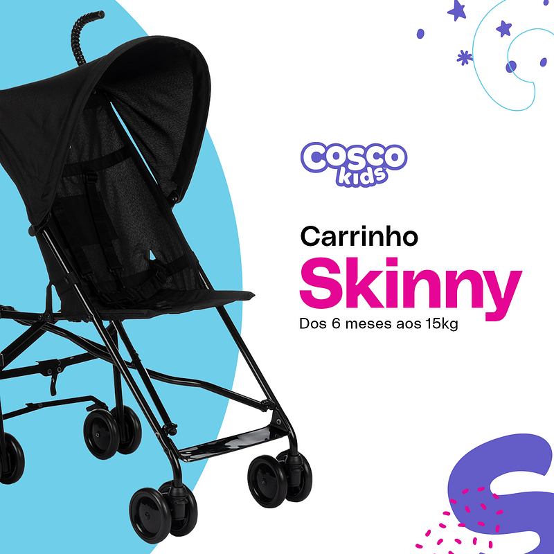 Carrinho de Bebê Skinny Cosco Kids Resistente e Compacto cor Preto
