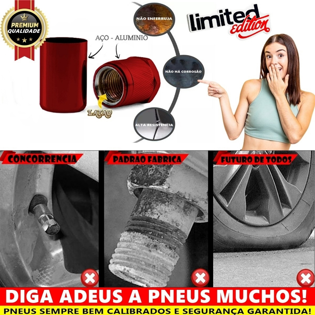 Tampa de Bico de Válvula Anti furto em Metal Vermelho Para as 4 Rodas Compatível com Todas as Marcas — imagem 2 de 2