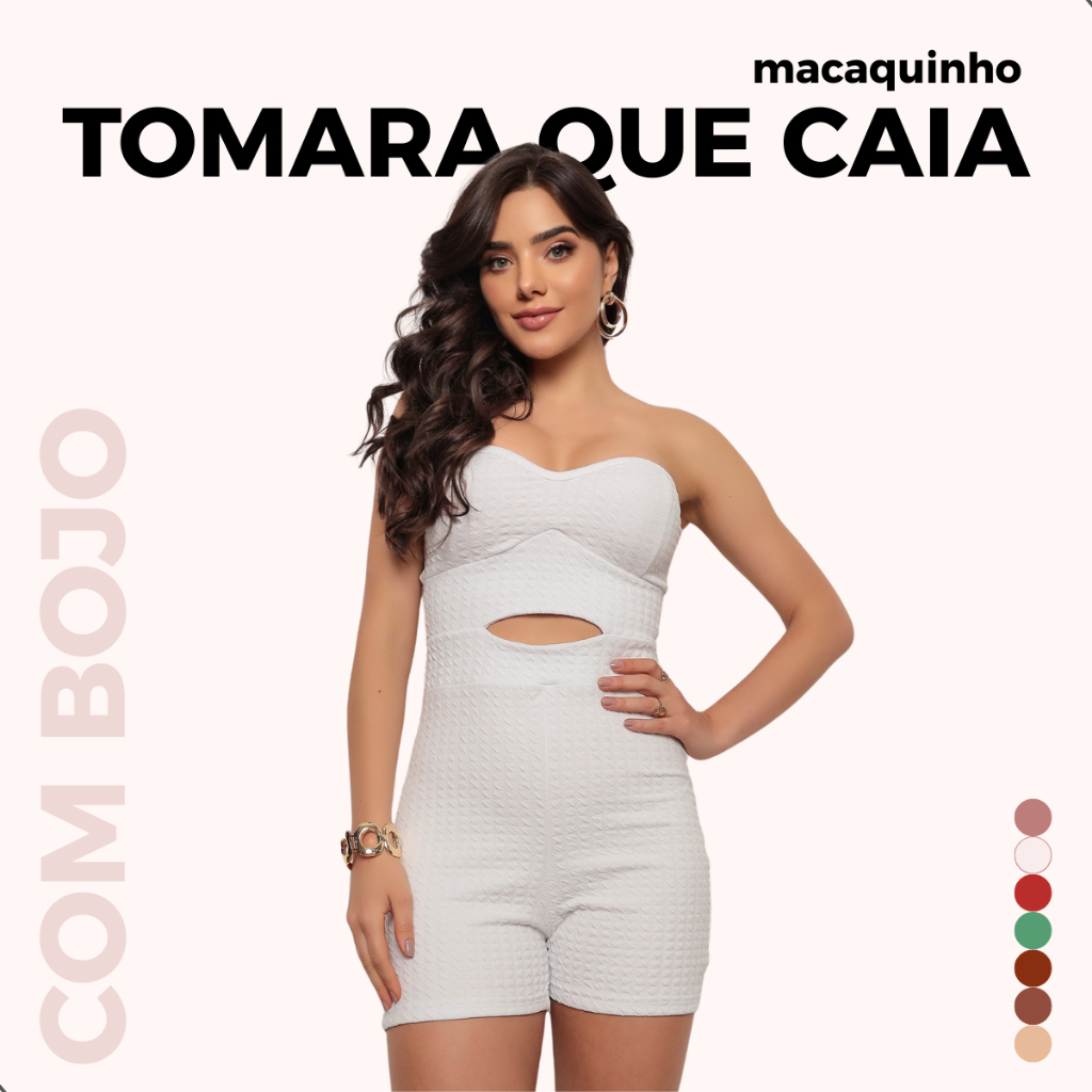 Macacão Branco e Candy Color Curto Tomara que Caia Abertura Sensual Macaquinho Blogueirinha