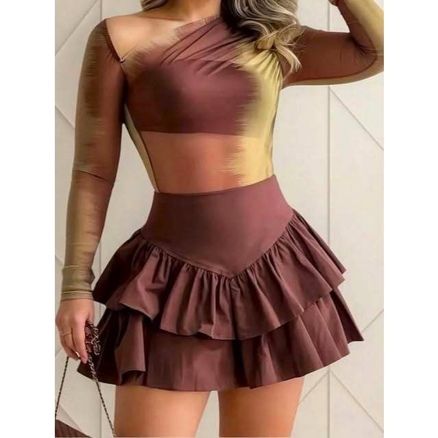 Saia Feminina Curta com Babados Sensorial em Camadas Rodada Zíper Gringa Crepe em Oferta na Shopee