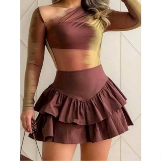 Saia Feminina Curta com Babados Sensorial em Camadas Rodada Zíper Gringa Crepe em Oferta na Shopee