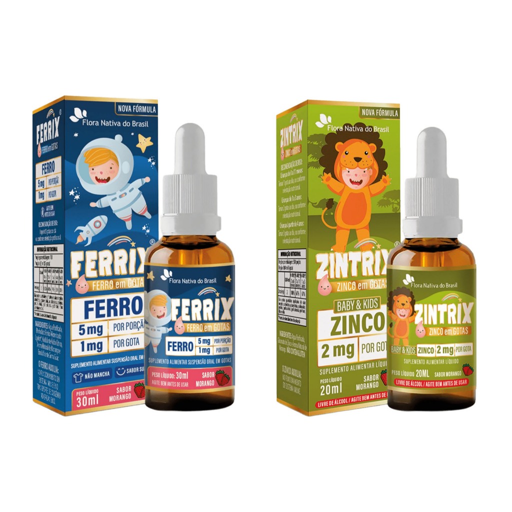 kit Vitamina Infantil Ferrix 30ml + Zintrix 20ml - Sabor Morango - Flora Nativa em Oferta na Shopee