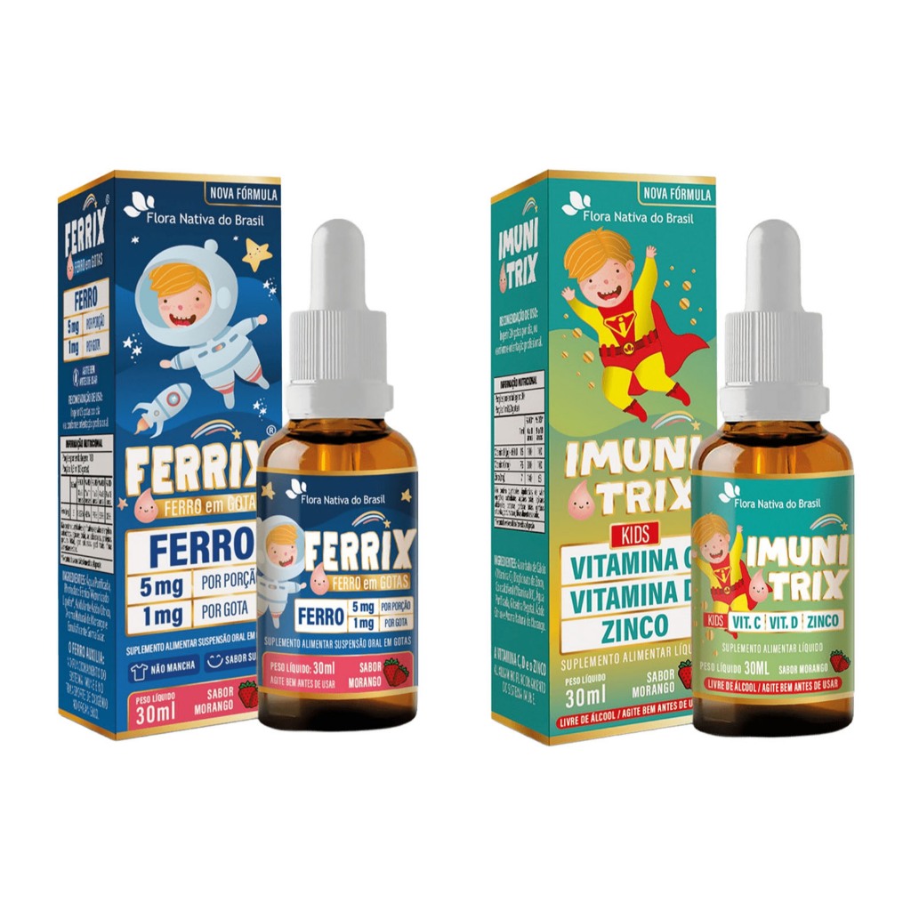 Kit Vitamina Infantil Ferrix Ferro 30ml Sabor Morango + Imunitrix (Vitamina C, Vitamina D, Zinco) 30ml - Flora Nativa em Oferta na Shopee