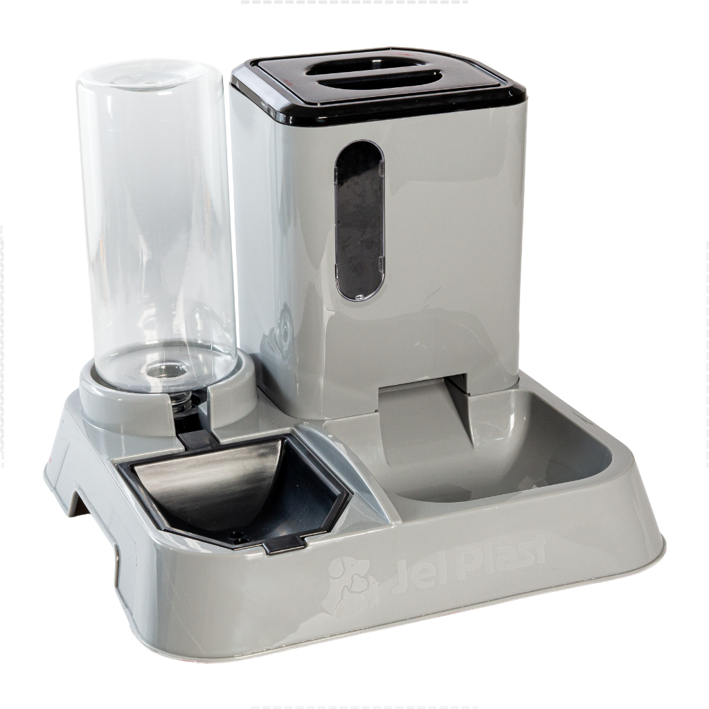 Comedouro e Bebedouro Automatico Pet para Cachorros Cães e Gatos Elevado com Porta Ração Agua Cinza
