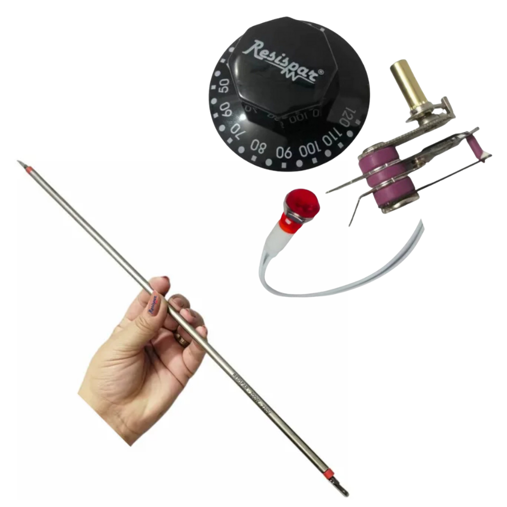 KIT TERMOSTATO C/ BOTÃO 120°C LÂMPADA P/ ESTUFA SALGADO 220V + 4 RESISTÊNCIAS ESTUFA 200W 220V