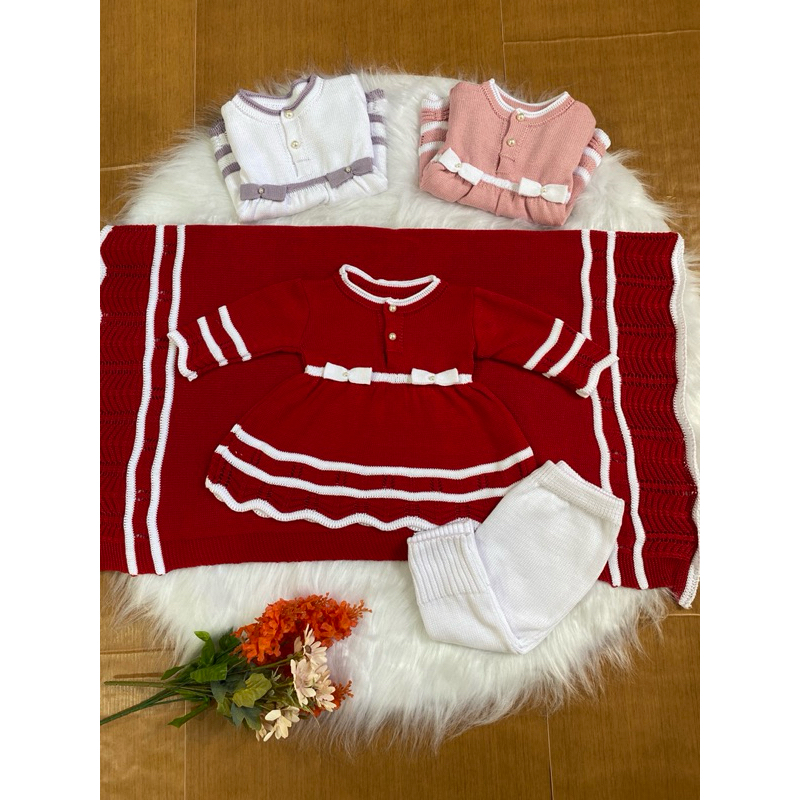 Vestido/Manta/Calça tricot saída maternidade RN kit conjunto com laço e pérola calça vira pé menina