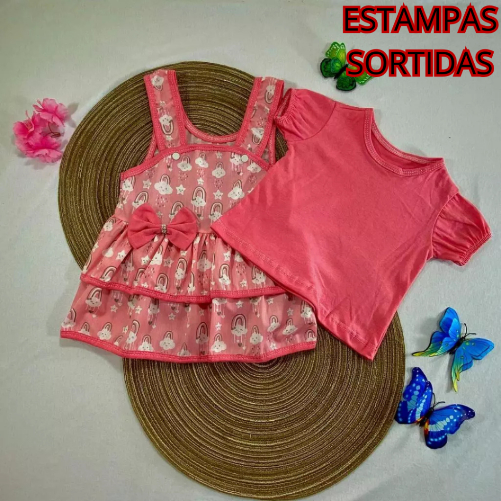 Conjunto Infantil  Blusa e Jardineira Estampada e Conjunto de Batinha e short - Roupa Bebê Menina