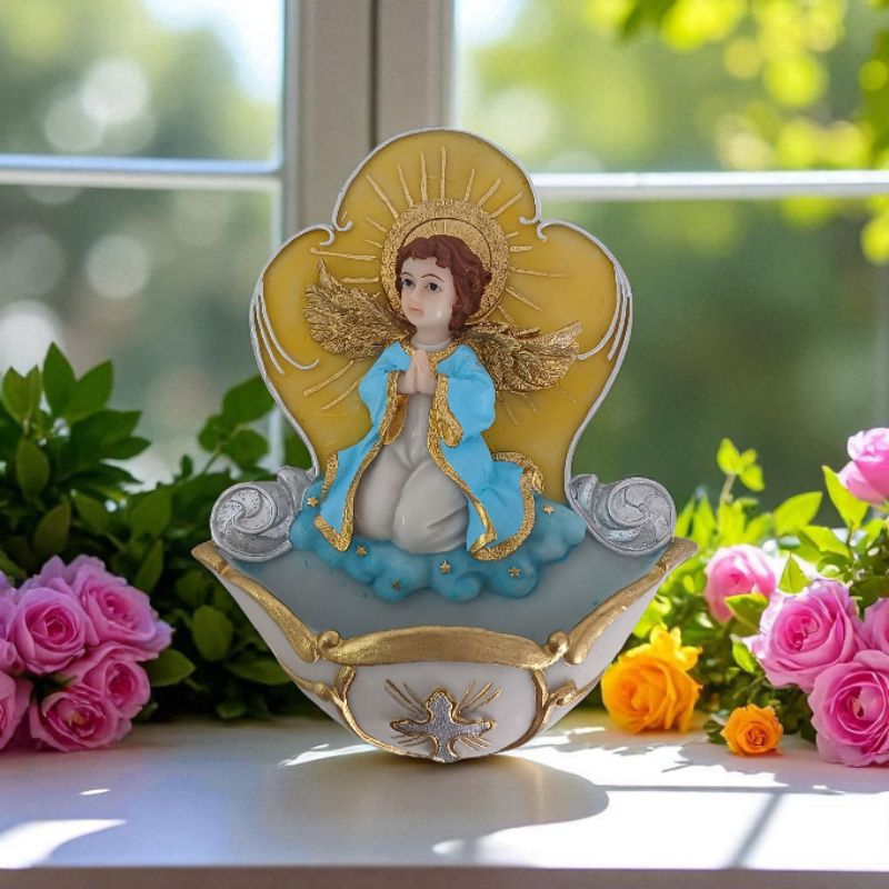 Imagem do Anjo da Guarda Azul pia porta água benta de parede com alça metálica 16cm Resina
