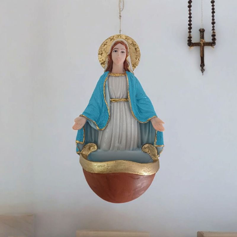 Imagem de Nossa Senhora das Graças pia porta água benta de parede com alça metálica 16cm em resina
