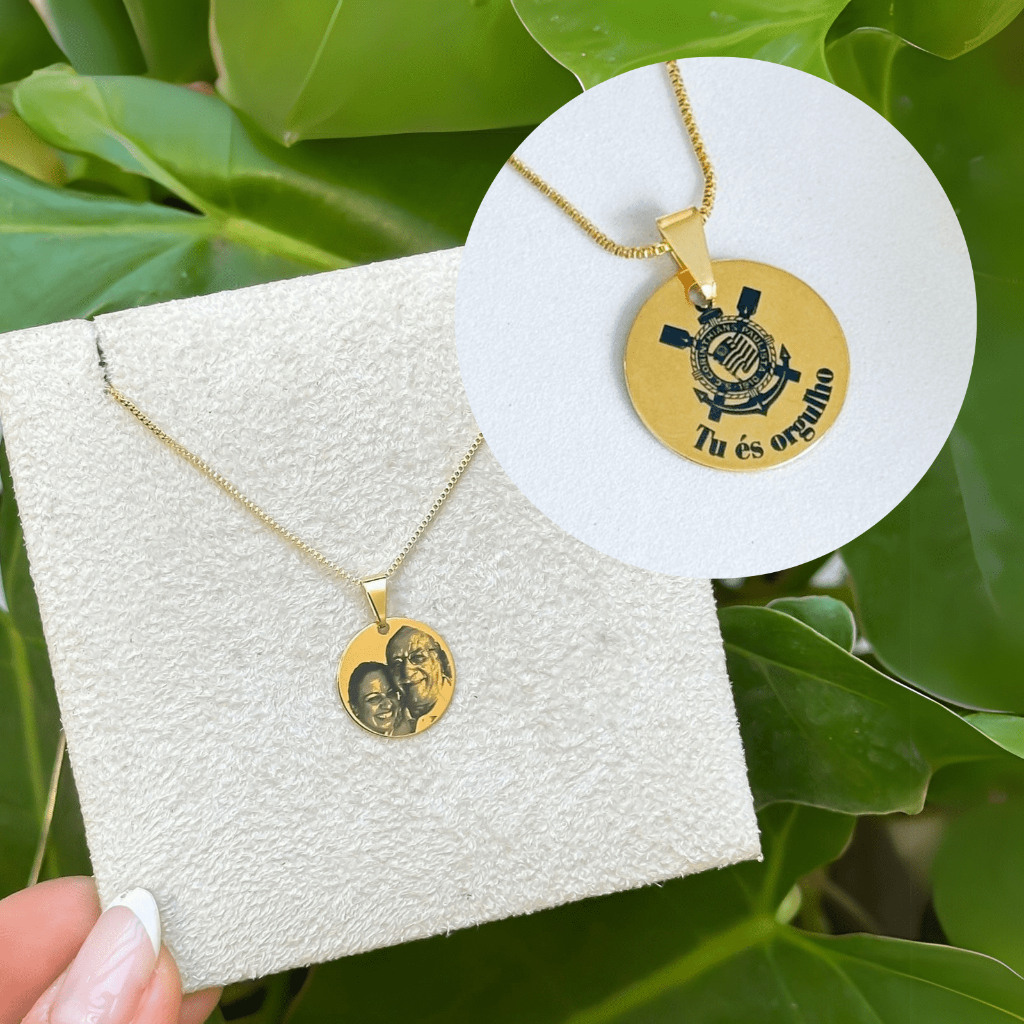 [SEMI JOIA] Colar Masculino Foto Gravação 60cm Personalizado 17mm Banho Ouro 18k Acessórios Presente Homem Dia Namorados