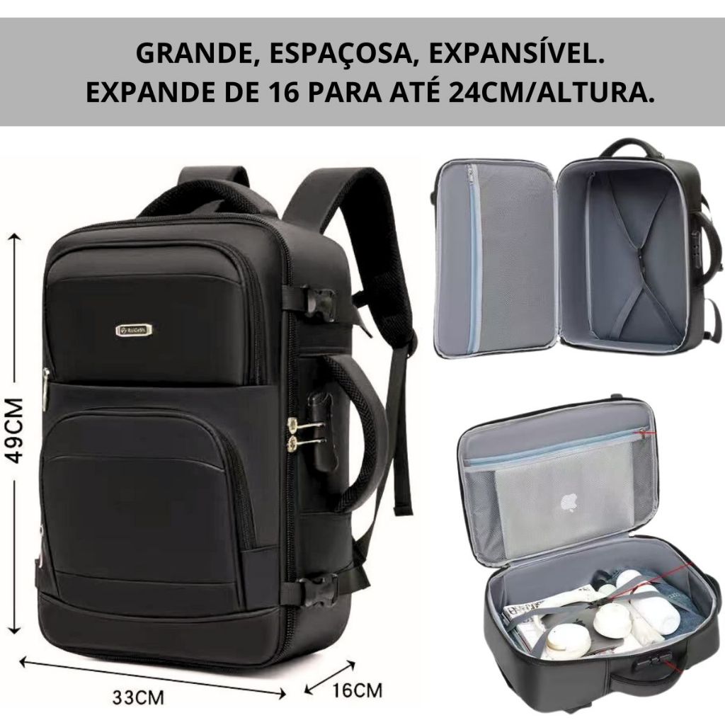 Mochila de Viagem Multifuncional Reforçada Grande Expansível Impermeável Notebook Cadeado Antifurto