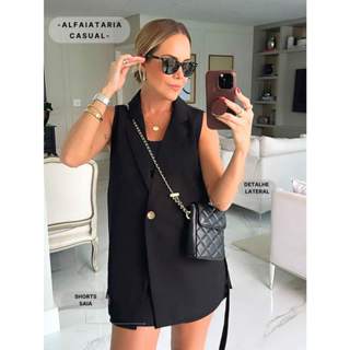 Conjunto Alfaiataria Colete Alongado decote lateral em Oferta na Shopee