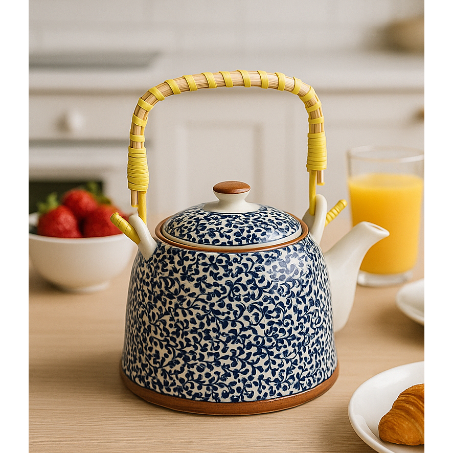 Chaleira Cerâmica 900ml Infusor de Inox (NÃO VAI AO FOGO) Alça de Bambu Chá Leite Agua Estampa Oriental Floral Bule