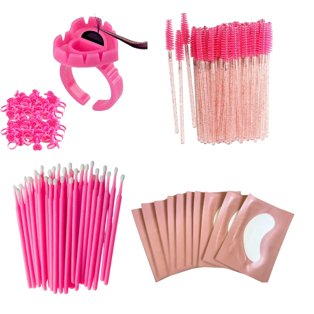 Kit 100 Microbrush 50 Escovinhas de Cílios 100 Anel Batoque e 100 Pads em Gel Alongamento de Cílios