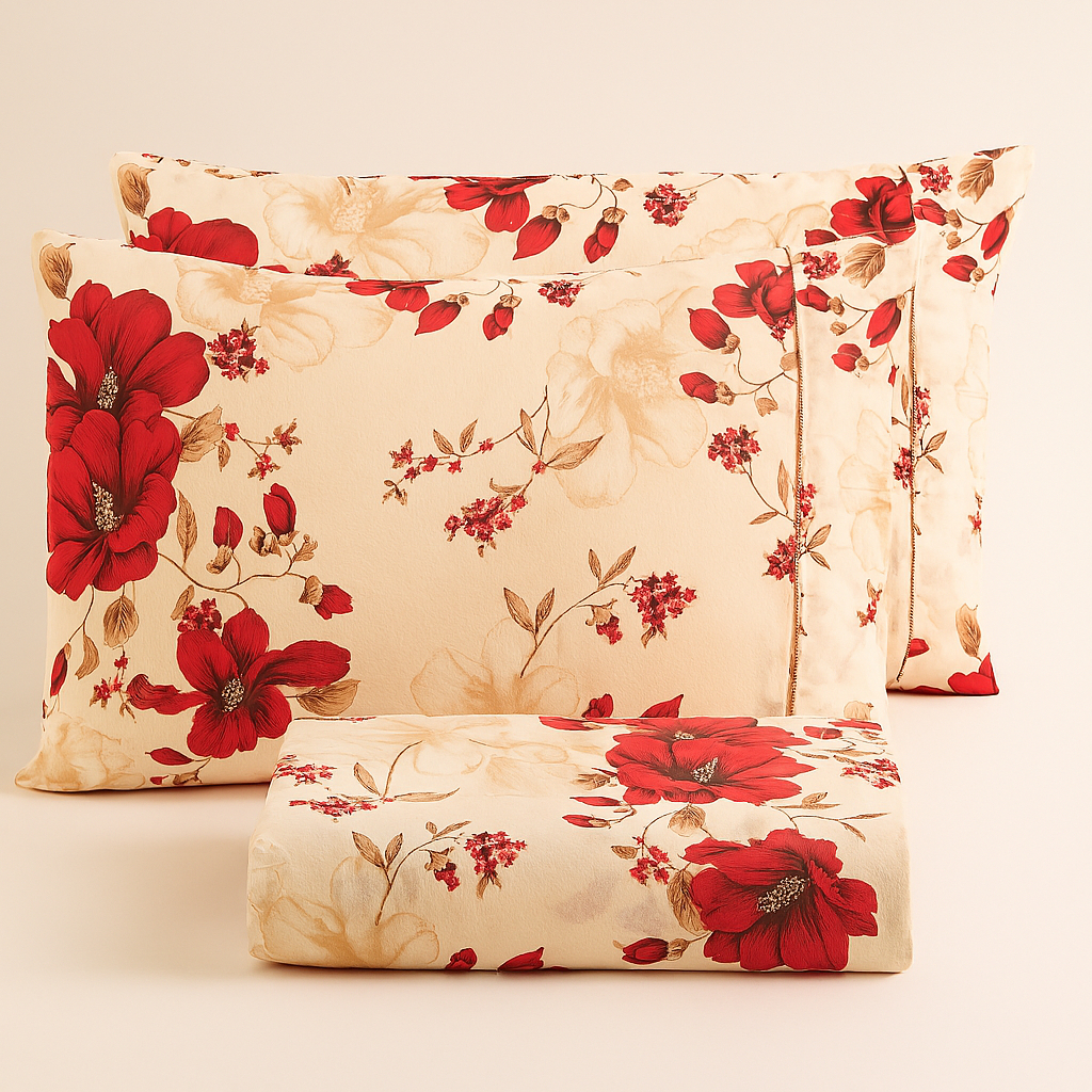 Jogo de Cama CASAL Estampado Ponta Palito com Elástico - 3 Peças 100% Algodão Roupa De Cama