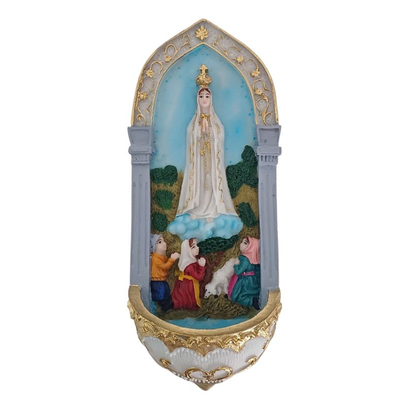 Imagem de Nossa Senhora de Fátima com pastores pia porta água benta de parede com alça metálica 16cm de Resina em Oferta na Shopee