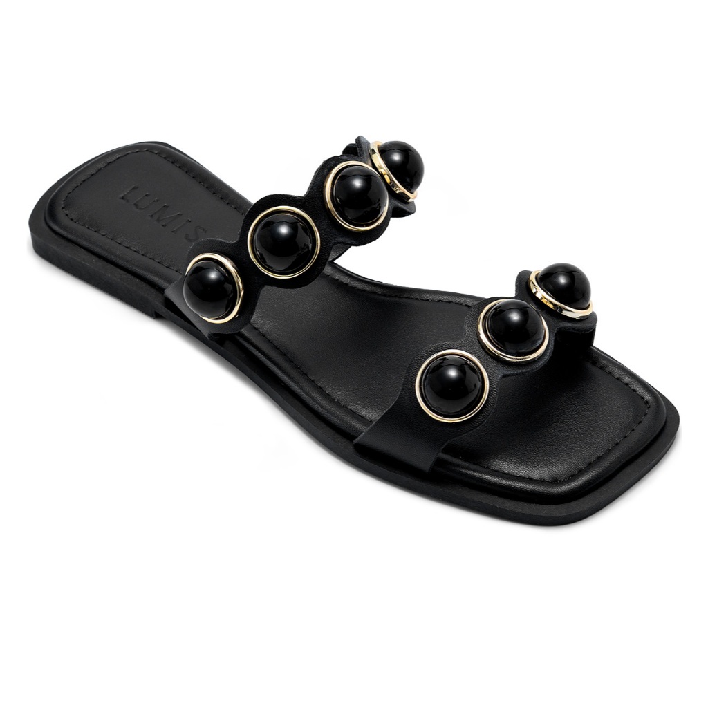 Sandália Rasteira Feminina Lumiss Confortável Esferas Enfeite De Bola Blogueira Preto em Oferta na Shopee